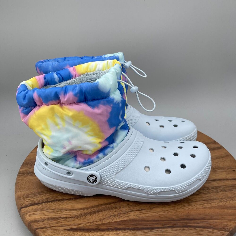 Crocs Classic Lined Neo Puff Clogs Mens Size 12 Blue Tie Dye Faux Fur Boots